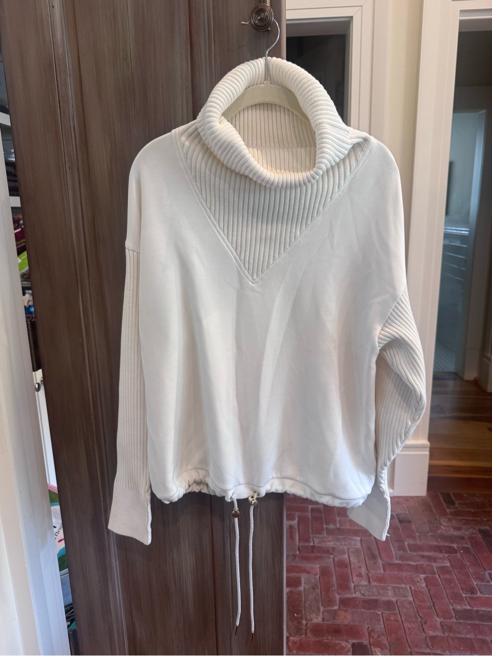 Varley Cream Ribbed Cowl Neck Drawstring Sweater